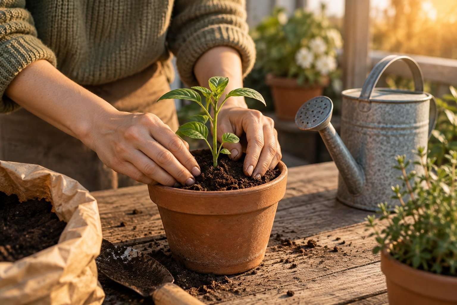 Unas manos cuidan una planta en una maceta de barro.