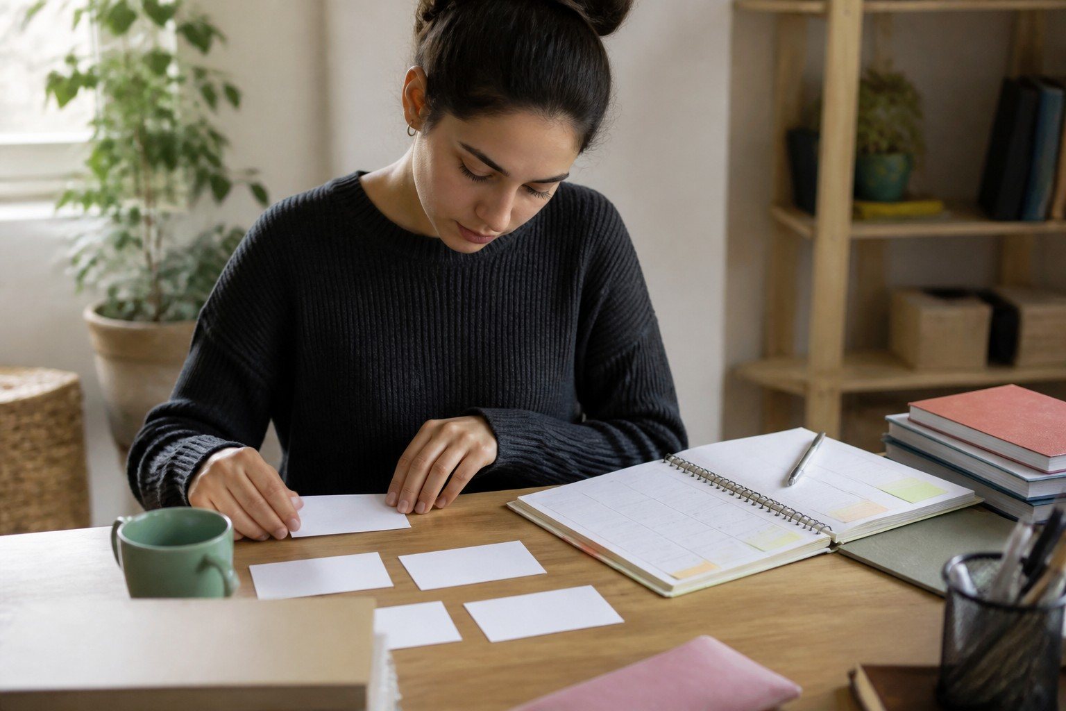 Tarjetas con mensajes breves junto a un calendario de exámenes y material de estudio